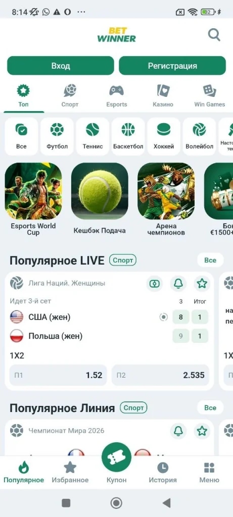 Интерфейс приложение betwinner
