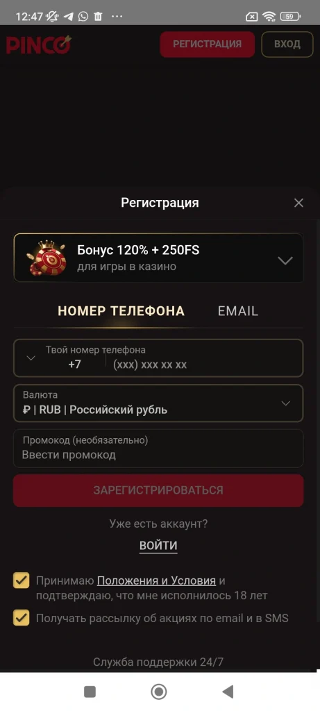 Регистрация в мобильном клиенте Pinco: валюта, промокод и бонус